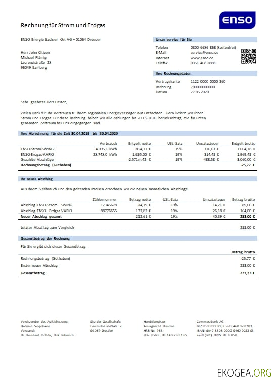 Germany ENSO rechnung für strom und erdgas utility bill